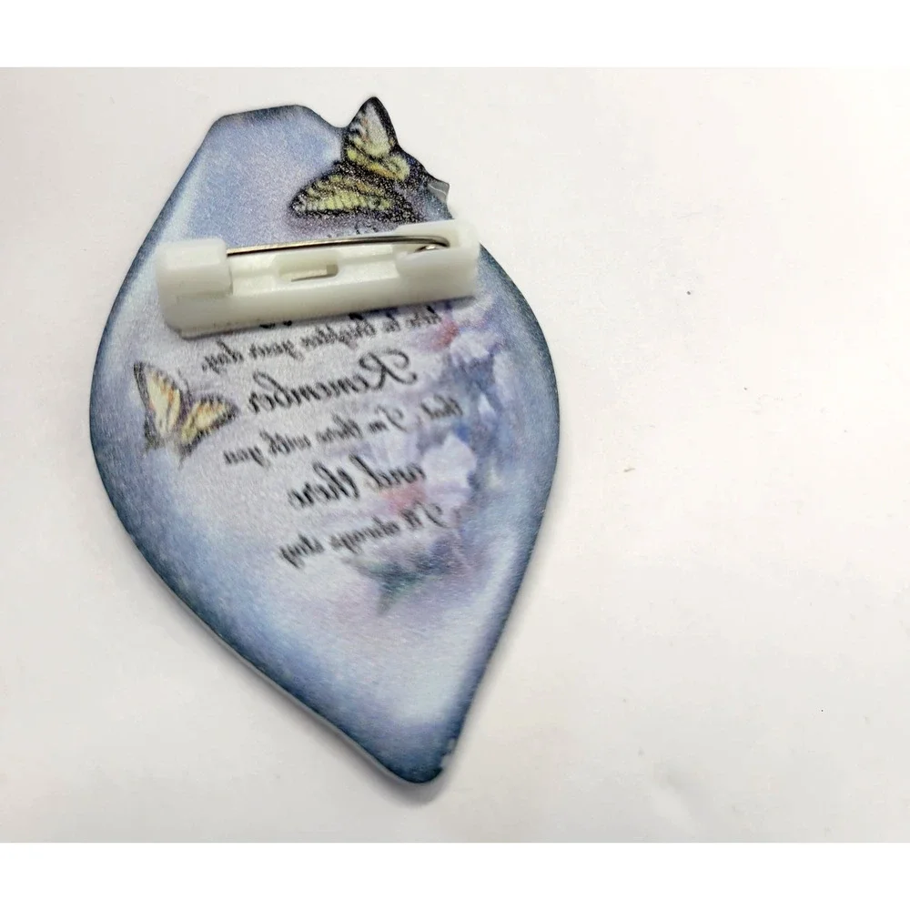Butterfly Memorial Quote Brooch Lapel Pin Teardrop Blue Plastic Mini‎ Sentiment